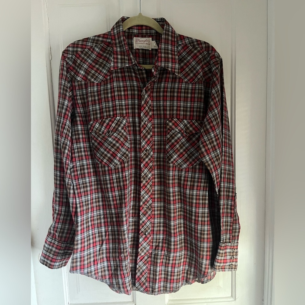 Vintage Wrangler Men’s 16.5 34 Permanent Press Pearl Snap Plaid Western Shirt